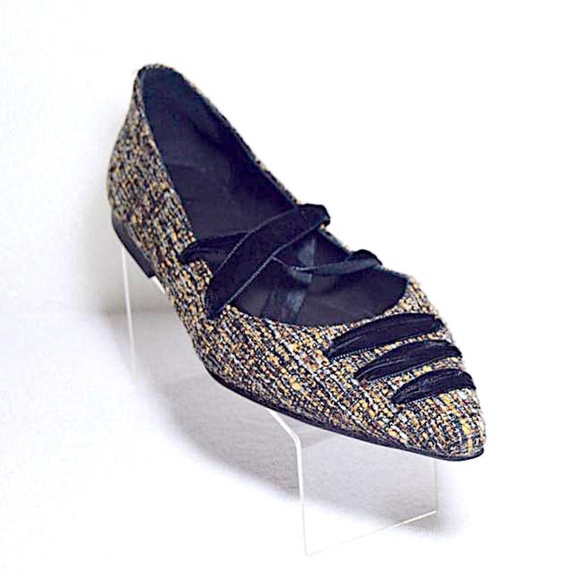 🆕🏷️ Camel/Black New Tweed St. Clair Wrap Ballet Flats Made in Spain - Picture 3 of 12